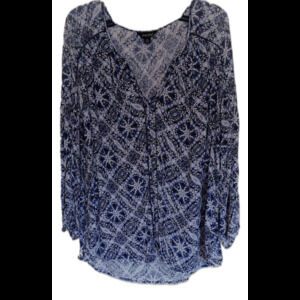 Lucky Brand Women's Blue White  Batik Print V-Neck Long Sleeve Pullover, XL